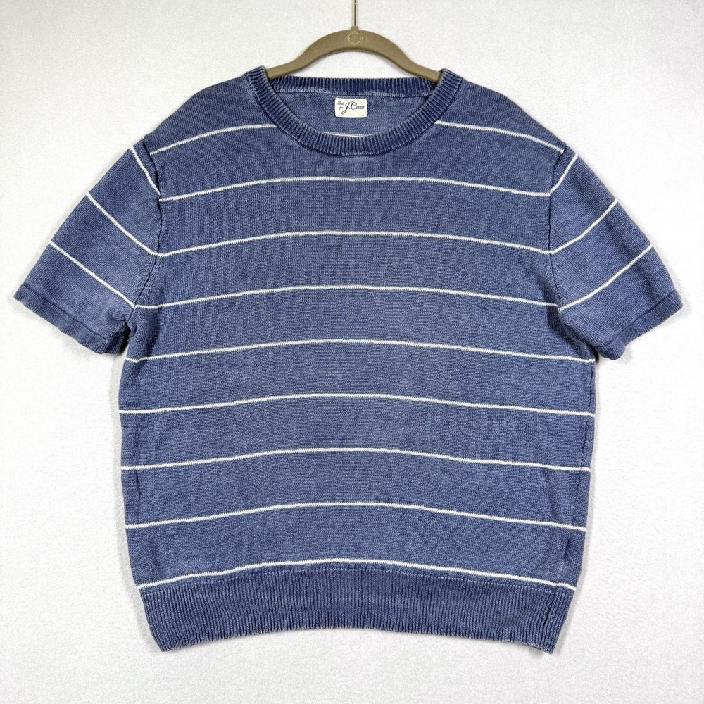 J Crew Sweater Mens Large 100% Linen Stripe Short Sleeve Knit Coastal Fisherman
